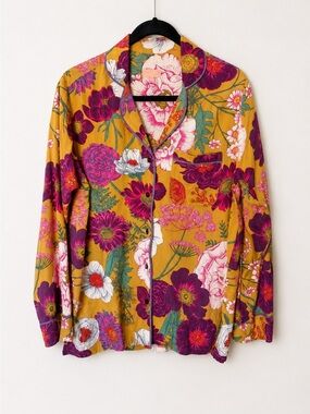 POWDER UK Floral Leaf Print Pajama Shirt size S 100% Modal Boho Artsy 70’s Retro